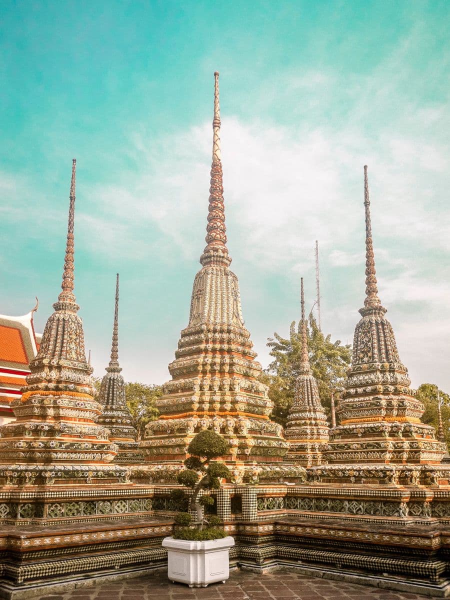 Temple spires under a blue sky